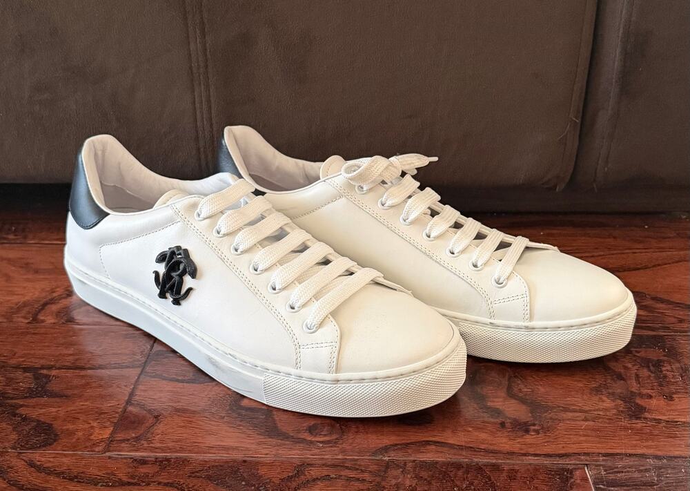 $895 Roberto Cavalli Men’s White Leather RC Logo Sneakers 13(46) NIB Made Italy